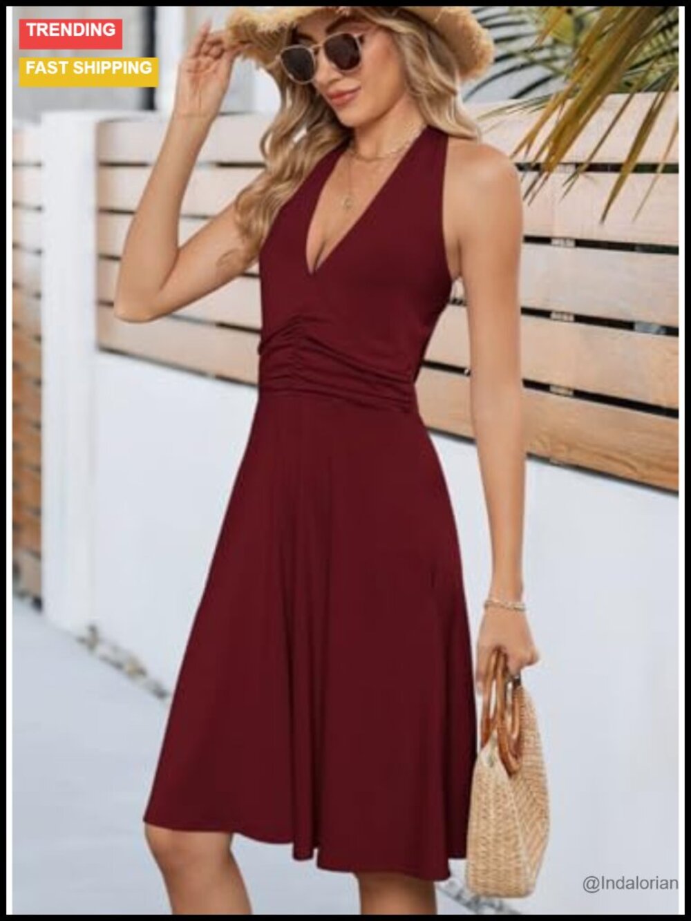 Halter Neck Backless Mini Sundress with Pocket Flowy Boho Summer Dress - Picture 5 of 6